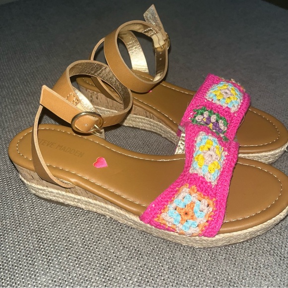Steve Madden Other - Steve Madden crochet pink sandals, ankle strap, wedge heel, kids size 2 & 3